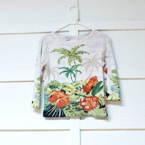 Sequins & Beaded Tropical Rainforest Fine Knit Shirt | Size S